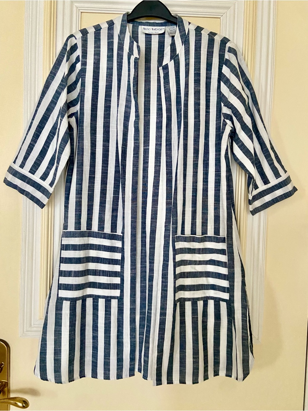 Bleu Bayou Striped Open Front 100%Cotton Tunic - Navy & White 3/4 Sleeves Sz M